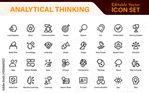 Analytical Thinking Web Icons in Line Style. Ideas, facts, critical decisions, strategy, problem‑solving, innovation, collection.