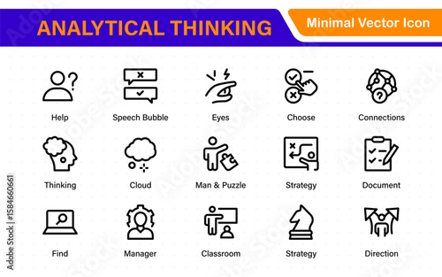 Analytical Thinking Web Icons in Line Style. Ideas, facts, critical decisions, strategy, problem‑solving, innovation, collection.