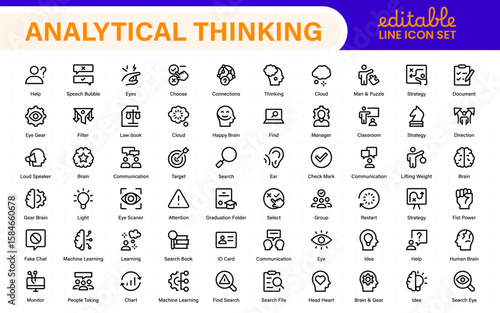 Analytical Thinking Web Icons in Line Style. Ideas, facts, critical decisions, strategy, problem‑solving, innovation, collection.