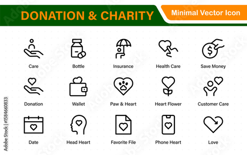 Donation and Charity Icons Collection. Outline Symbols for Giving, Community Help, Volunteering, and Humanitarian Aid.