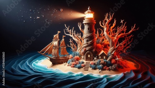A lighthouse made of twisted driftwood and coral stands on an is