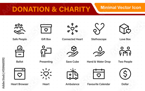 Donation and Charity Icons Collection. Outline Symbols for Giving, Community Help, Volunteering, and Humanitarian Aid.