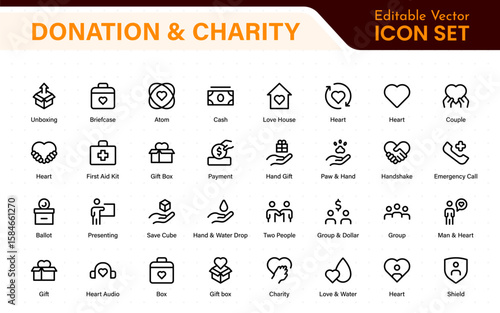 Donation and Charity Icons Collection. Outline Symbols for Giving, Community Help, Volunteering, and Humanitarian Aid.