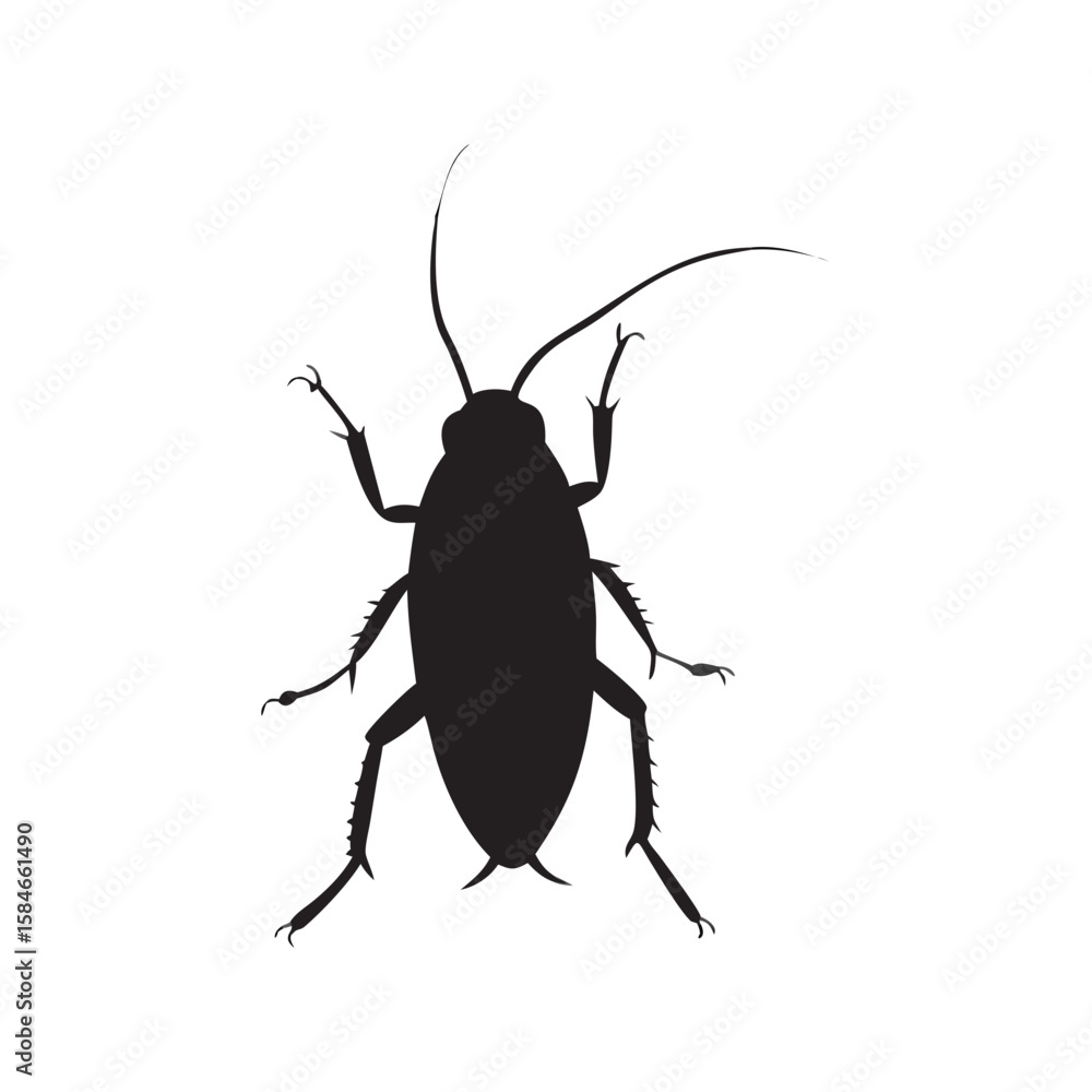 Fototapeta premium A black silhouette of a cockroach with long antennae and six legs on a plain white background image 