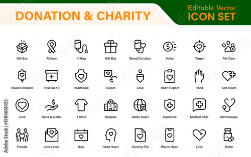 Donation and Charity Icons Collection. Outline Symbols for Giving, Community Help, Volunteering, and Humanitarian Aid.