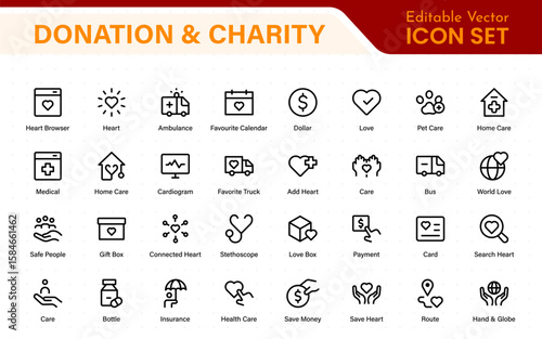 Donation and Charity Icons Collection. Outline Symbols for Giving, Community Help, Volunteering, and Humanitarian Aid.