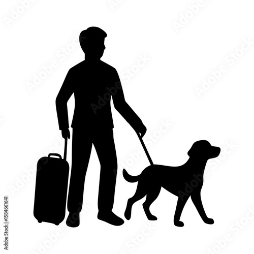 Vector silhouette of man who walk with his dog with leash on white badkground. Symbol of animal, pet, friends,walk