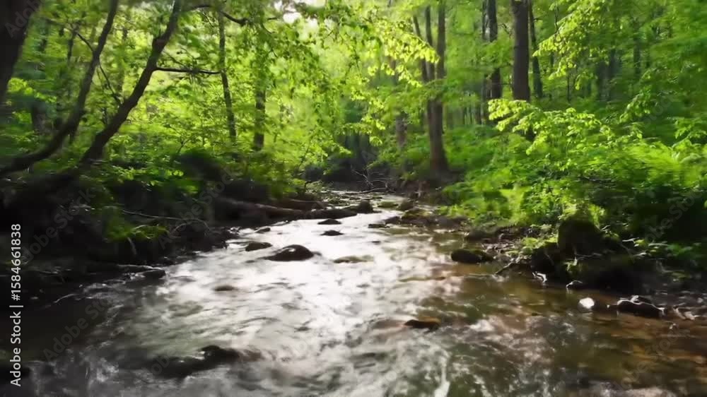 Gentle Stream Flowing Through Lush Green Forest With Sunlight Gentle Stream Flowing Through Lush Green Forest With Sunlight