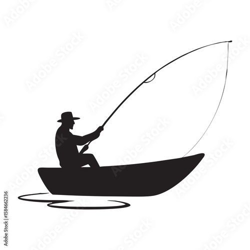 Family silhouettes. Father and son fishing in a boat. Vector illustration