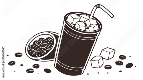 Illustration of iced coffee in a cup with a straw and coffee beans scattered around it nicely