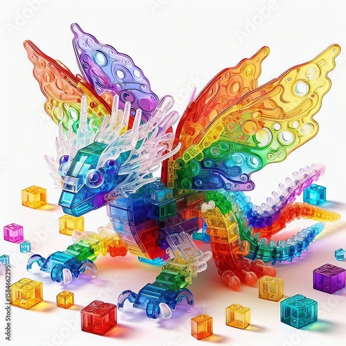 A plastic toy building block translucent and colorful white back
