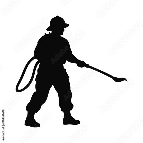 Black silhouette vector of a firefighter holding hose on white background