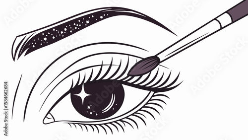 Eye with long lashes and eyebrow with stars being styled with a makeup brush in black and white