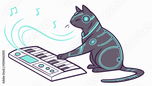 Stylized cat with glowing markings playing a keyboard with musical notes floating above it