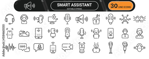 Smart assistant and voice command icons featuring mic, AI speaker, voice input, smart control, and virtual assistant features.