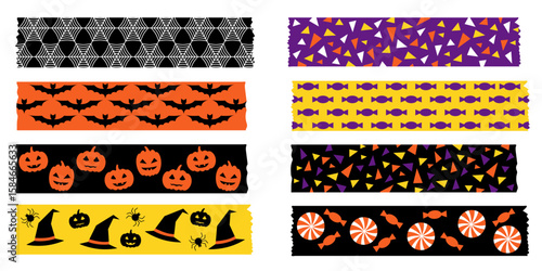Halloween themed washi tape collection with vector illustrations of pumpkins bats and spiders. Purple black and orange masking tape borders for creative design wrapping and scrapbook projects.