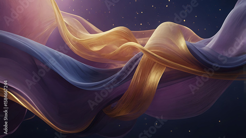 Ethereal abstract composition with flowing gradients of deep blues, purples, and gold accents, featuring soft organic shapes and luminous particles floating in space, creating a dreamy atmospheric bac
