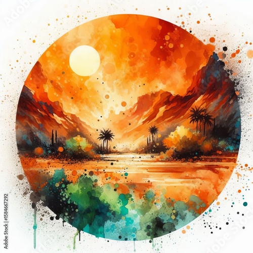 A vibrant piece that captures the contrast of a desert landscape