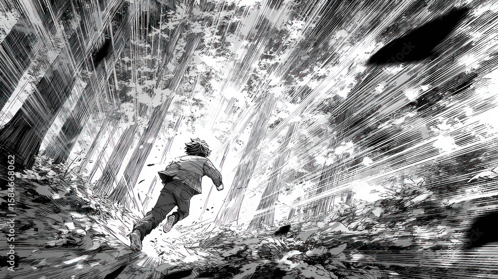 Obraz premium A grayscale illustration of a person running through a forest, with dynamic lines