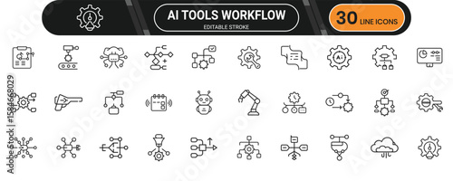 AI tools and automation process line icons including machine learning, automated systems, smart workflow, and digital integration tools