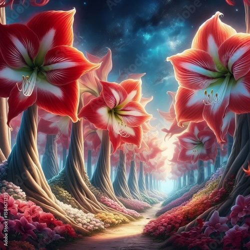 Amaryllis Avenue Sturdy stems bore gigantic trumpet shaped flowe