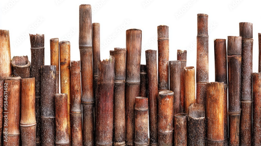 Close-up view of a bamboo fence against a white background. Close-up view of a bamboo fence against a white background.