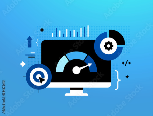 Performance optimization on digital dashboard with indicators for web performance, page speed metrics. Loading speed improvement for seo. Web performance optimization modern flat vector illustration