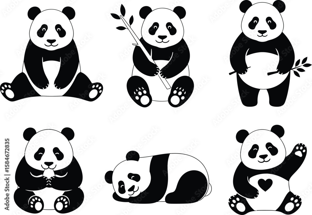 Obraz premium Collection of cute cartoon pandas in various poses and activities on a white background