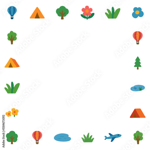 캠핑과 숲 테두리, 분리된 배경. 생동감 넘치고 다채로운 야외 여행 모티프, 밝은 숲 초록 질감 디자인