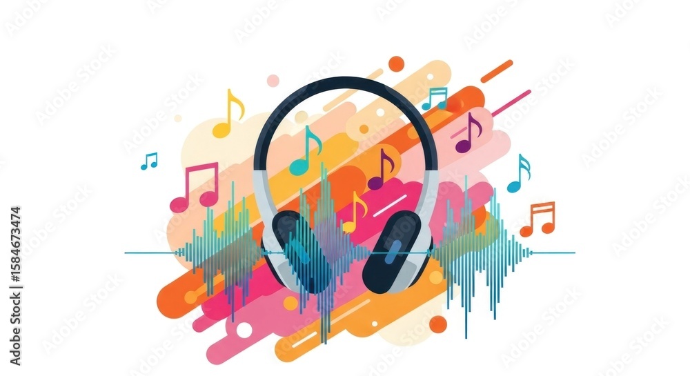 Fototapeta premium Headphones with musical notes and soundwaves art illustration