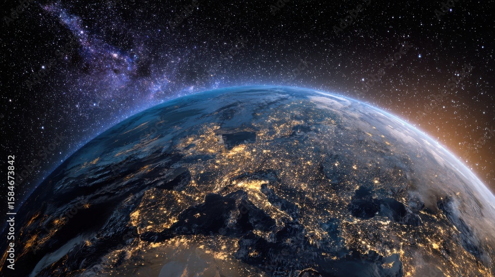 Obraz premium Breathtaking view of planet Earth from space, showcasing its illuminated continents against the backdrop of a star - filled galaxy, highlighting the beauty, vastness, and wonder of our world and the u
