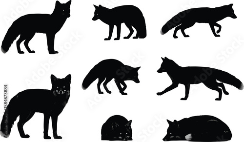 Collection of black fox silhouettes in various poses on white background