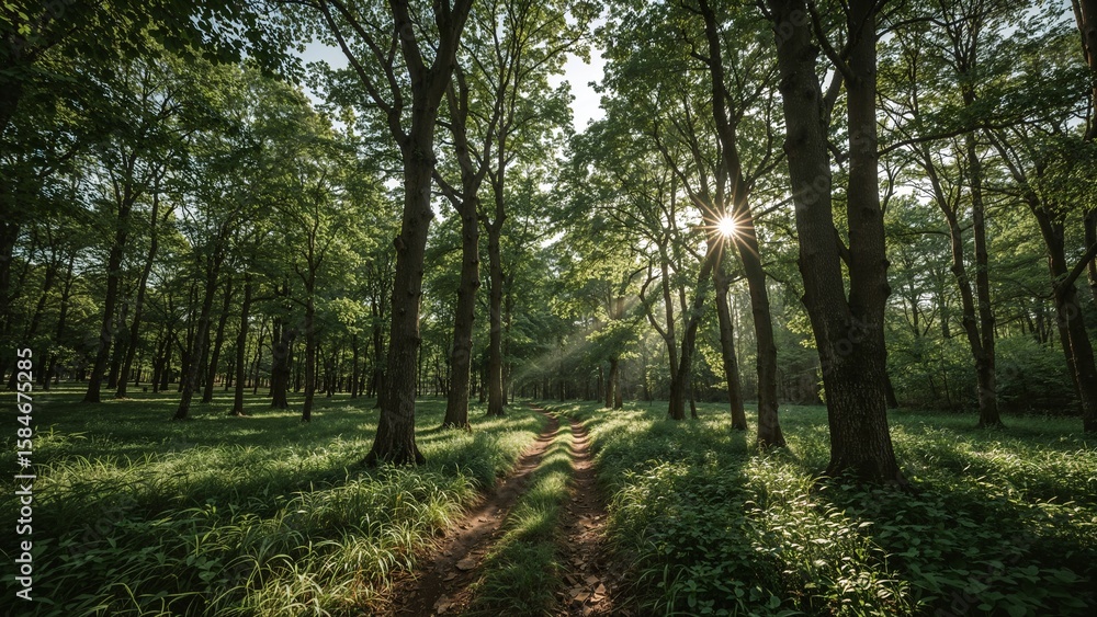Fototapeta premium Sunlight streams through a dense woodland path.