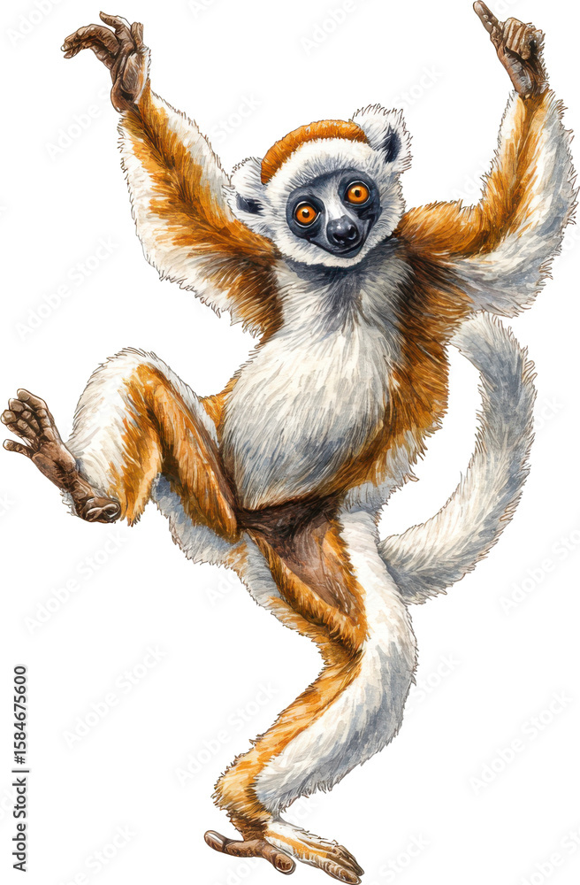 Obraz premium Watercolor painting of a coquerel s sifaka lemur in a playful pose isolated on transparent background