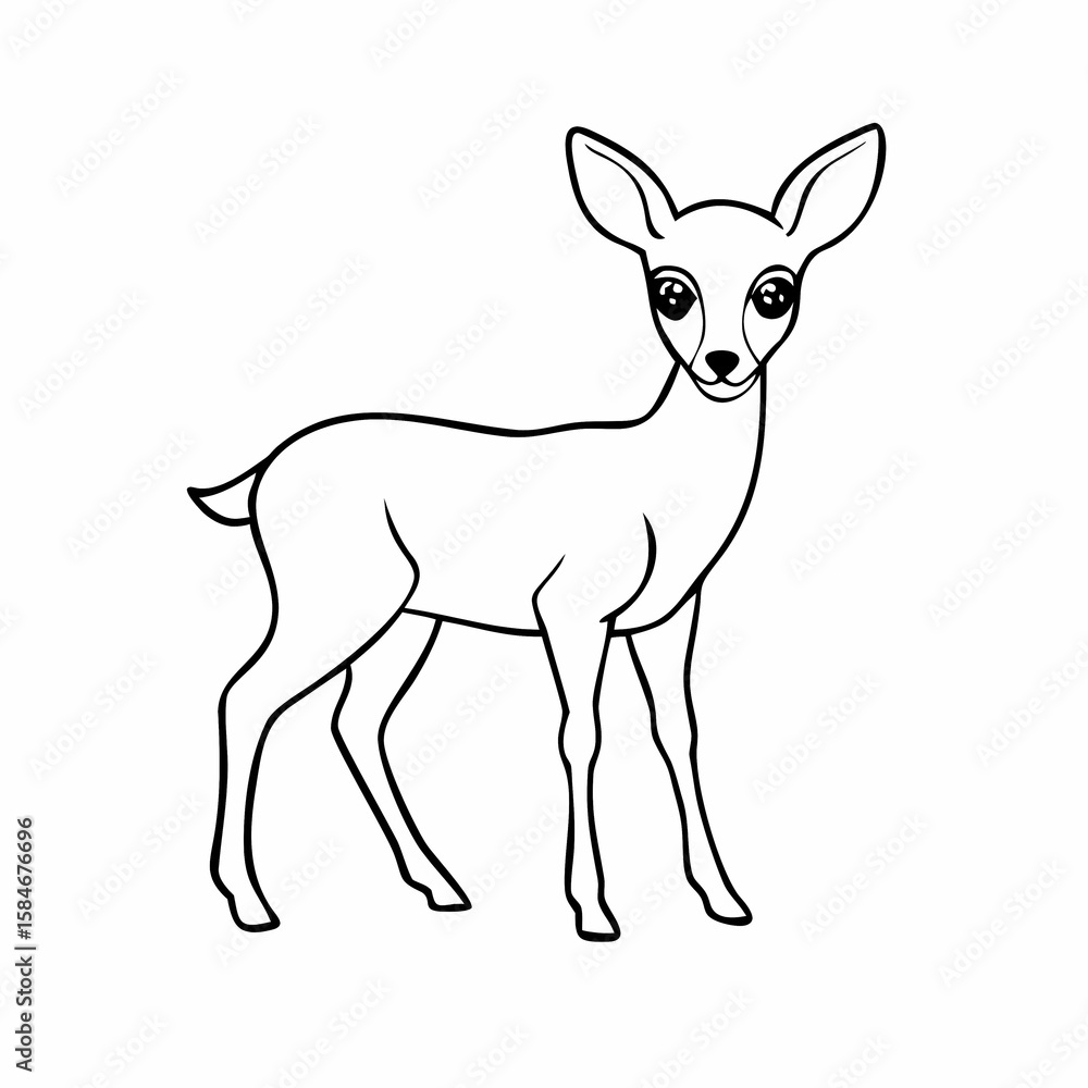Fototapeta premium Cute cartoon fawn standing and looking forward isolated on white background
