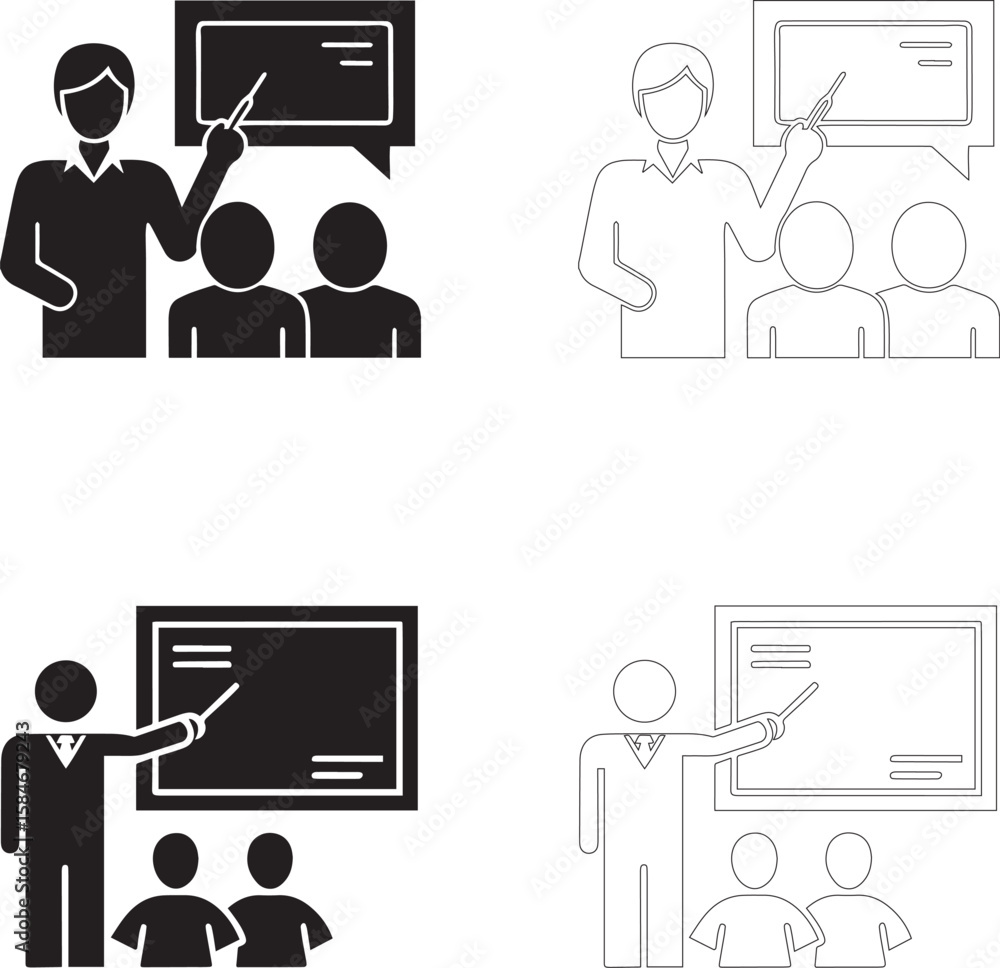 Teachers Day teacher instructing two students vector icon set filled and outline silhouettes with pointer and board Teachers Day teacher instructing two students vector icon set filled and outline silhouettes with pointer and board