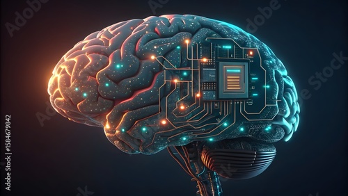A digital brain with glowing circuits and a central processing unit on a dark background image