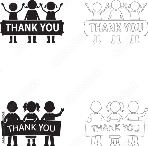 Teachers Day thank you sign teacher and student vector icons silhouette solid and outline set