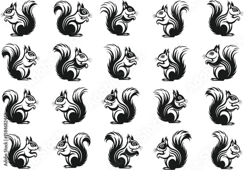 Seamless pattern of stylized black and white squirrels in various poses