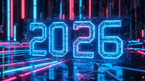 Futuristic 2026: Neon Digital Display in Cyberpunk Tech Environment