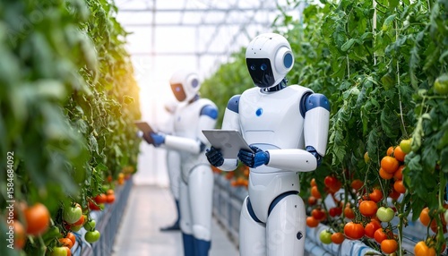 AI artificial intelligence automated robots working in high-tech greenhouses farming tomatoes and herbs