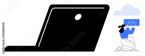 Large laptop emphasized with coder reviewing code panel, symbolizing programming, cloud computing, debugging, team collaboration, online tools, education, ideal for a simple landing page