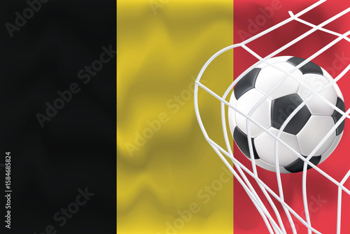 Belgium 3D waving flag with football and net. Editable vector for World Cup, sports design, patriotic content, digital ads, fan banners, and social media.