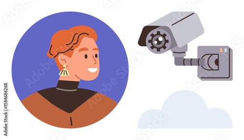 Person with short hair being monitored by a security camera. Ideal for privacy, technology, surveillance, monitoring, safety, digital ethics, awareness. Represents simple flat metaphor