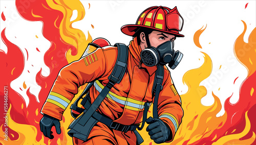 A firefighter wearing a mask and helmet is running
