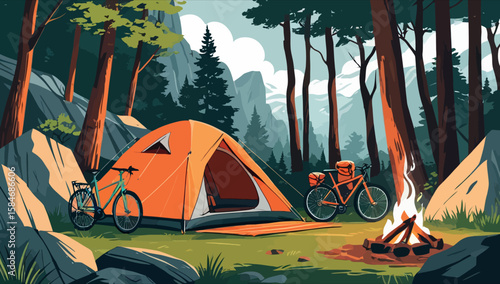 Tent camping in the mountains, a summer adventure in nature's green landscape