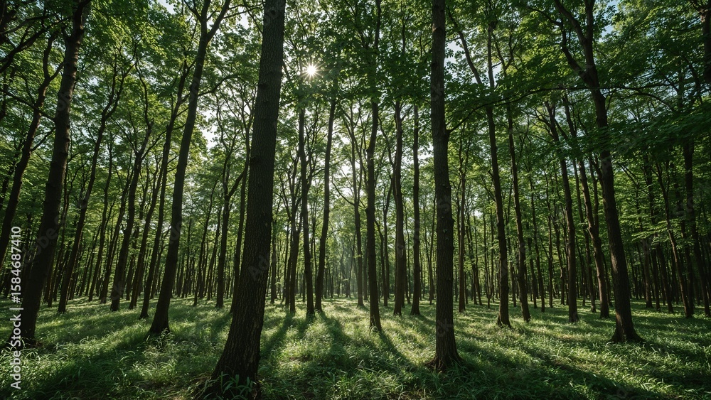 Obraz premium Sunlight filtering through a dense forest canopy.