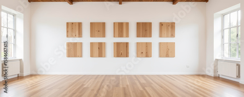 Modern gallery interior with nine wooden square panels on white wall and natural light from windows creating calm atmosphere