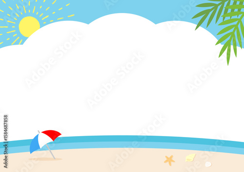 夏の風景、夏休みの海と太陽のイラスト