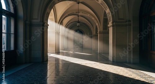 Sunlight streams through arched windows in a grand corridor  illuminating the patterned floor and creating dramatic light and shadow.